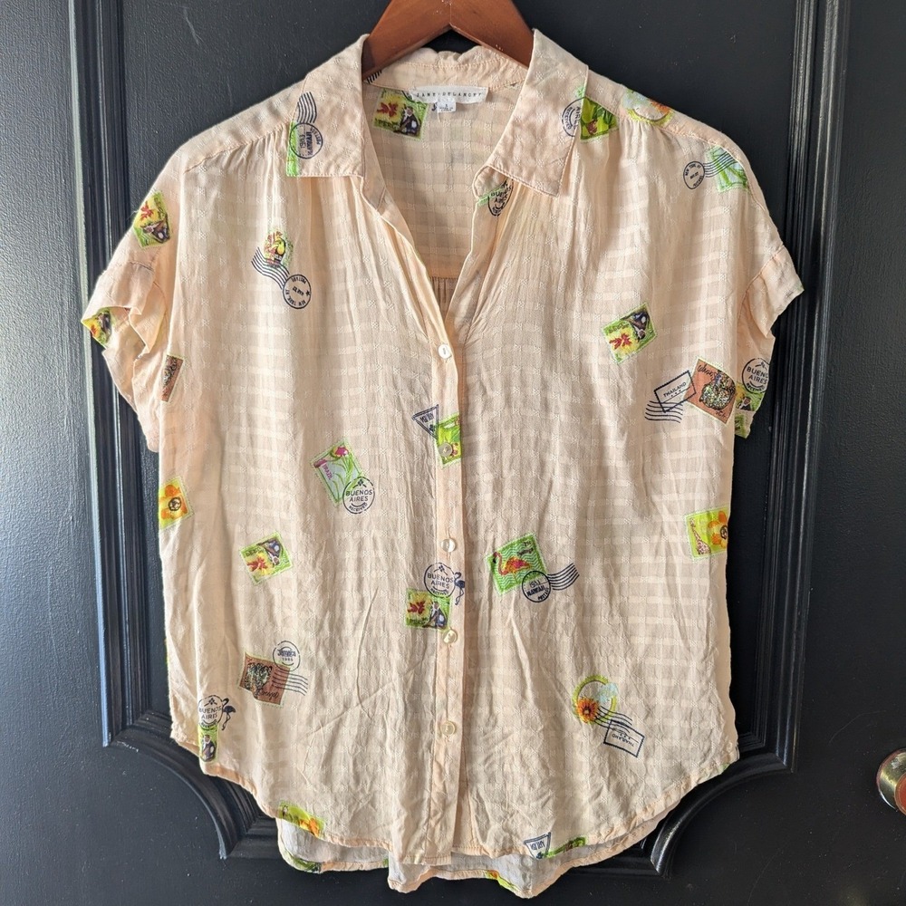 Jane + Delancey Button Up Peach Postcard Stamp Print Blouse Sz S Breezy Pastel